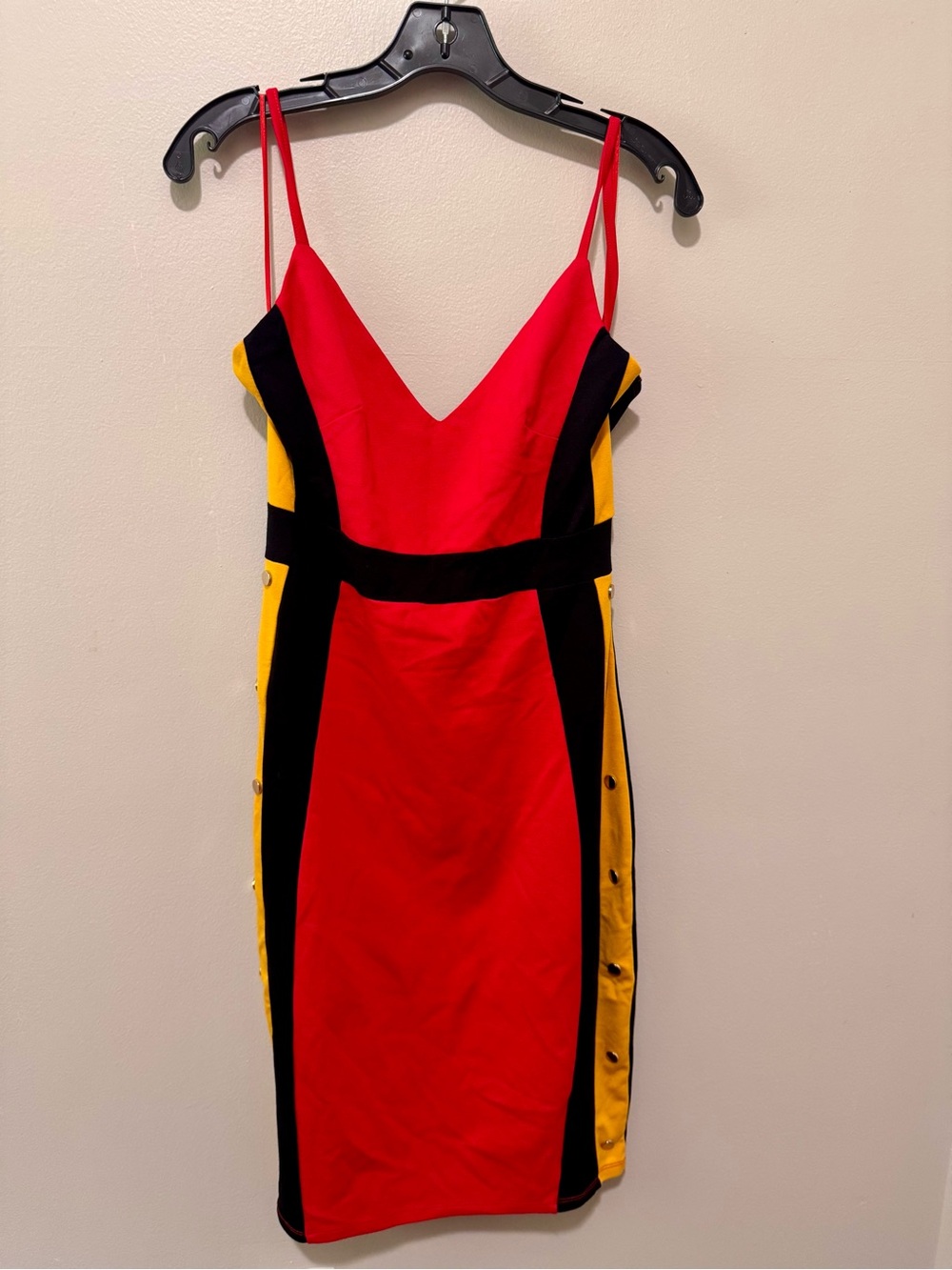 Red Colorblock Slip Dress with Black & Yellow Panels